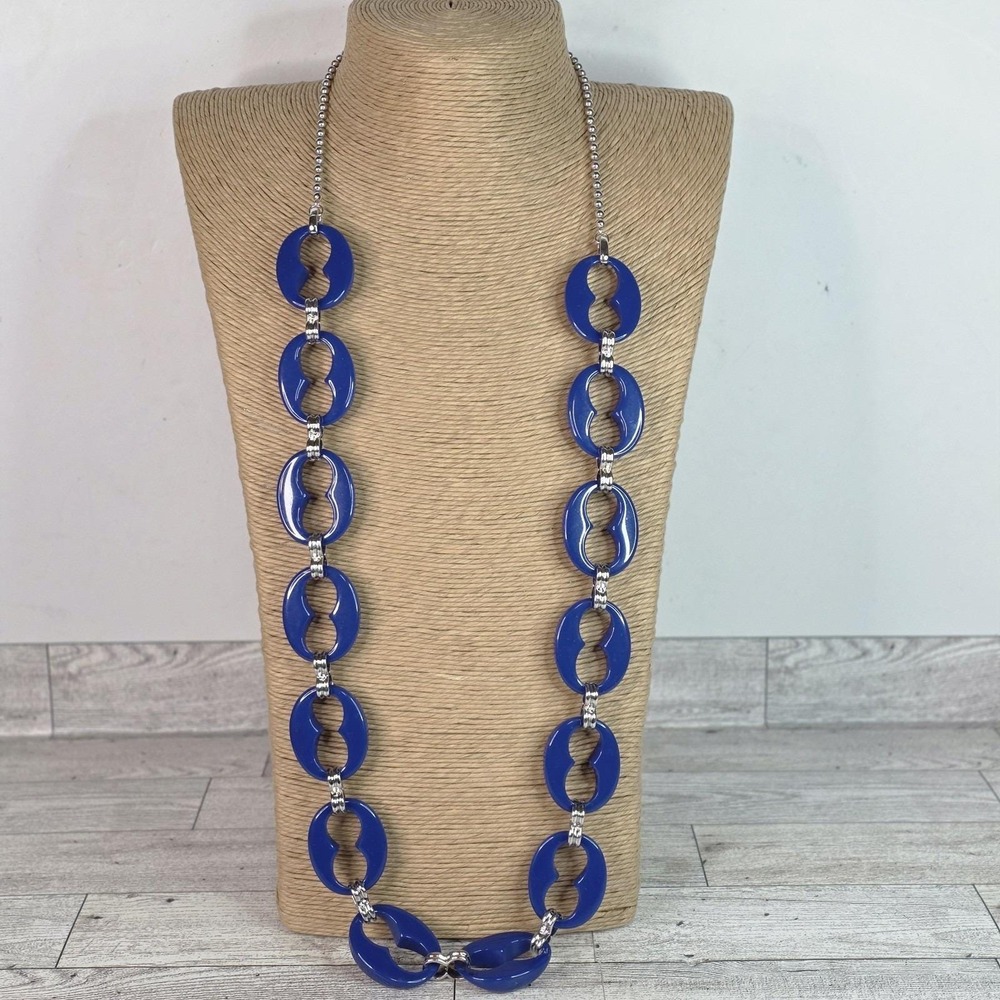 Robert Verdi Long Blue Acrylic Silver Tone Ball Chain Necklace VTG 17" Y2K
